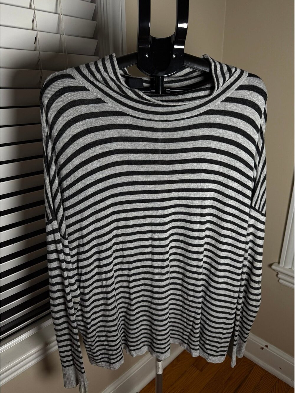 Eileen Fisher Striped Oversized Tunic Sweater XL Gray Black Italian Yarn Lightwe